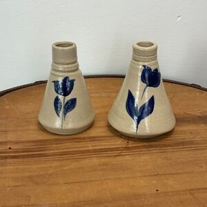 Williamsburg Pottery Factory Tulip Bud Vases Set of 2 Beige Blue Vintage 90's